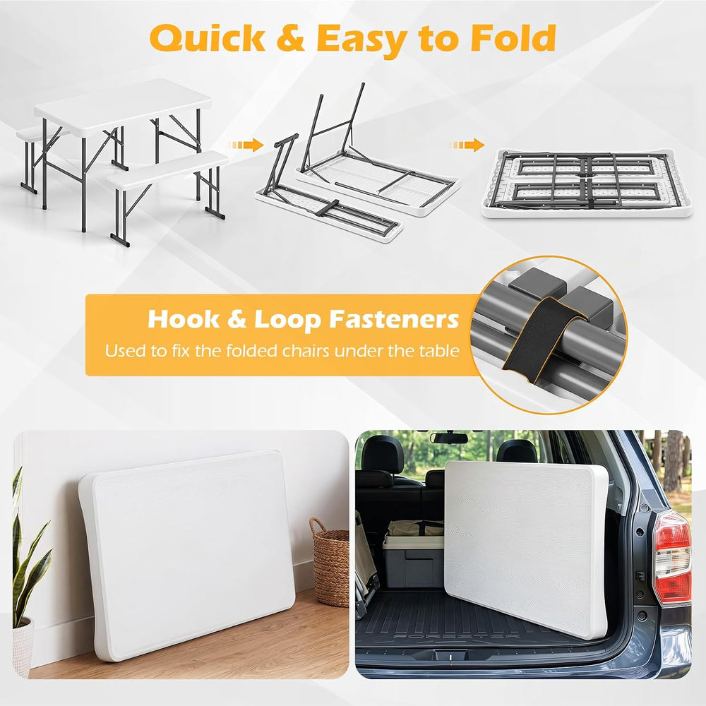 GIANTEX Folding Picnic Table Set w/ 2 Benches, 44" HDPE, White