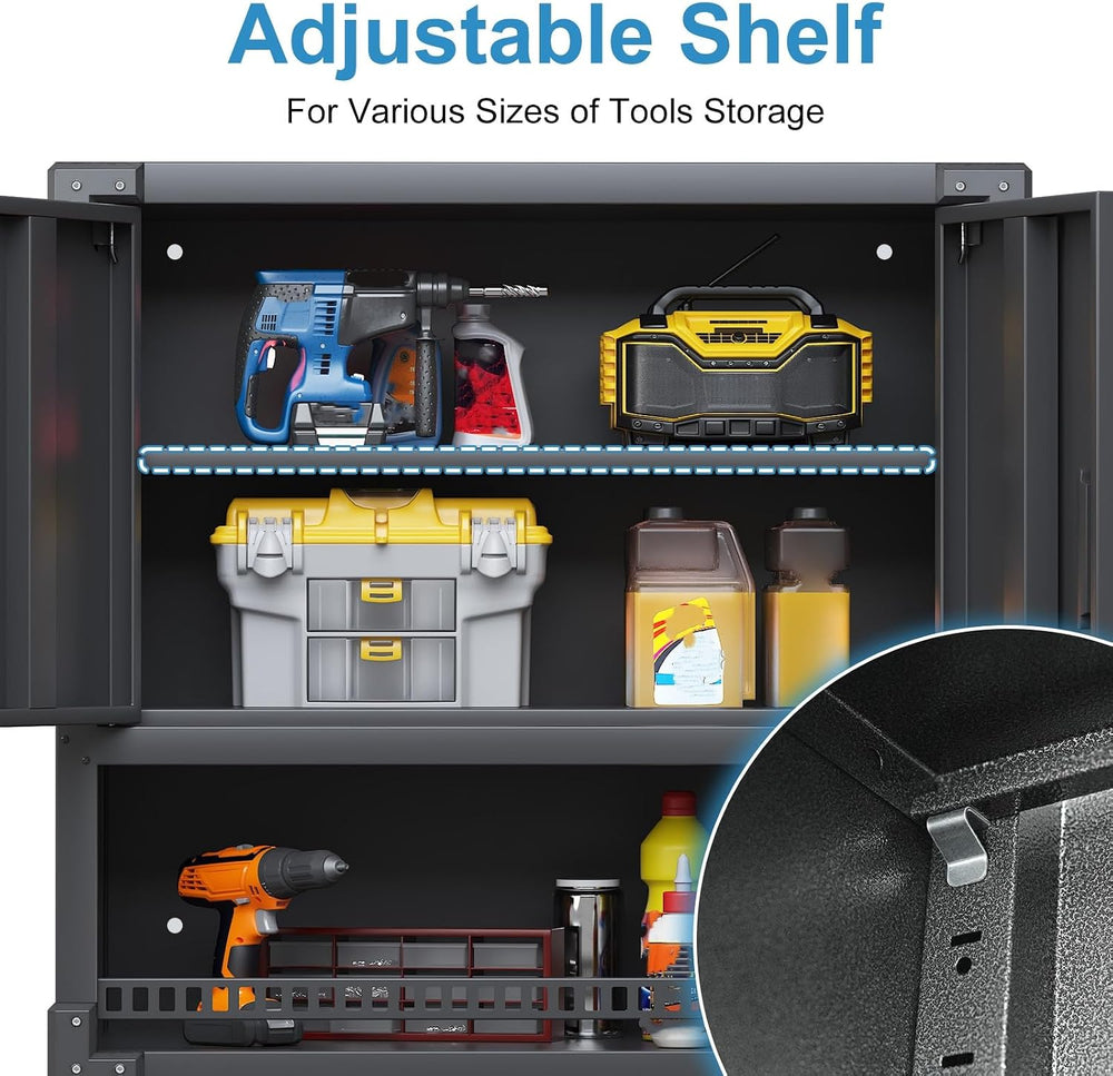 Metal Storage Wall Cabinets with Doors and Opening Drawer,Heavy Duty Black Ga...