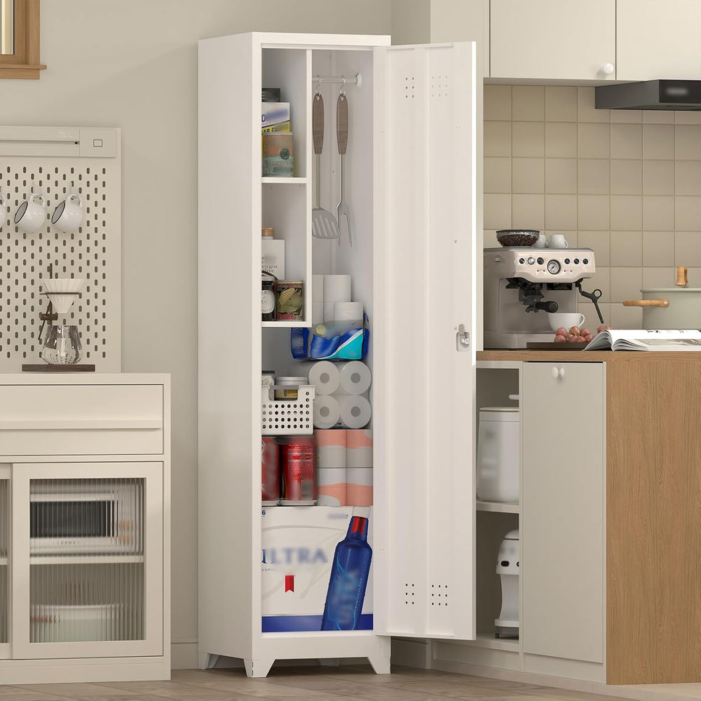 Slim Broom Storage Cabinets, Metal Cabinet with Shelves and Hanging Rod, 15.7...