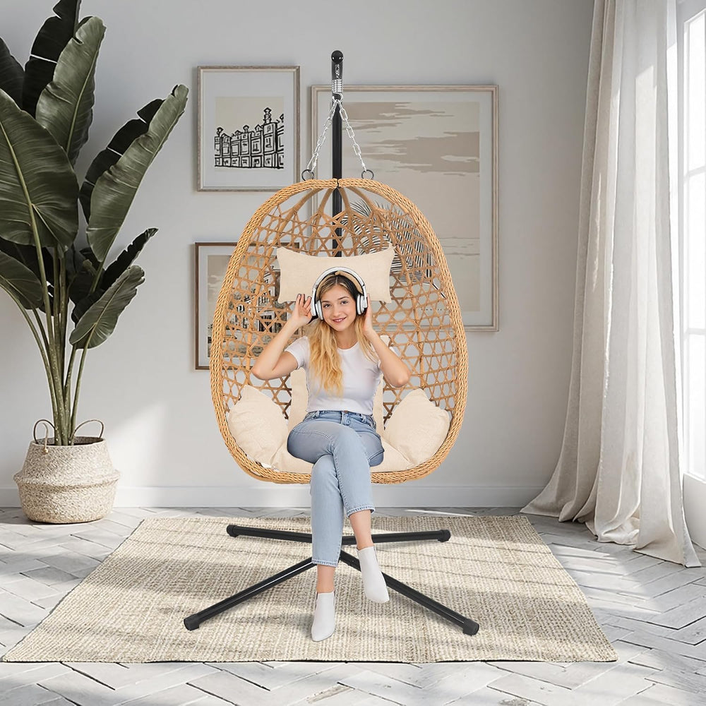 Outdoor Hanging Egg Chair with Stand,Patio Rattan Hammock Chair,Burlywood