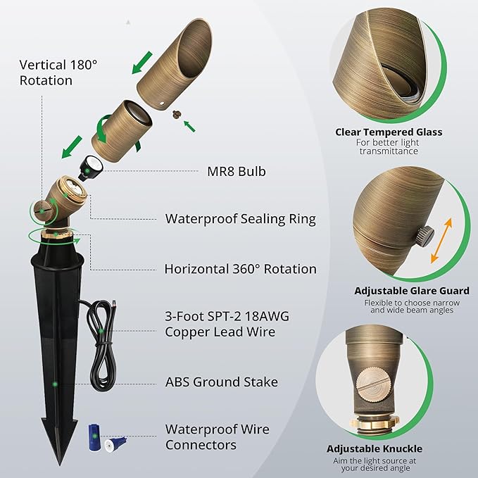 GKOLED Low Voltage Solid Brass LED Spotlight, Outdoor Waterproof Landscape Li...