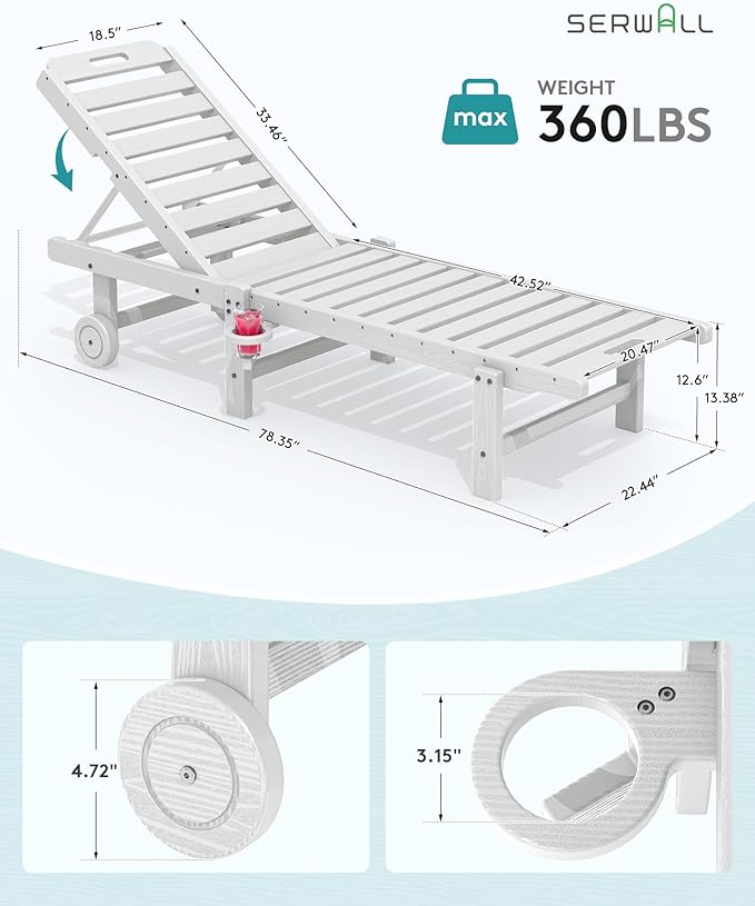 SERWALL Outdoor Chaise Lounge Chair, Pool Lounge Chair with 5 Positions Adjus...