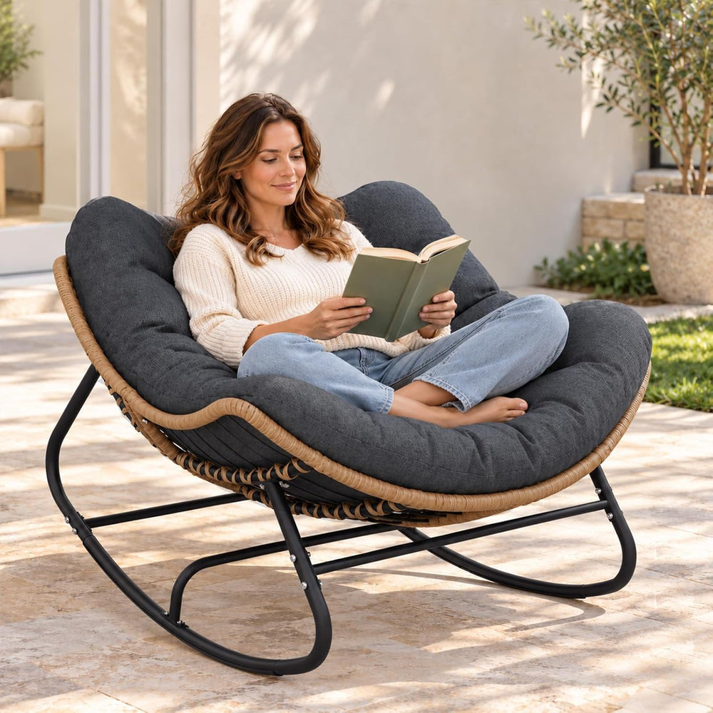 Papasan Outdoor Rocking Chair with Thick Cushion, Gray