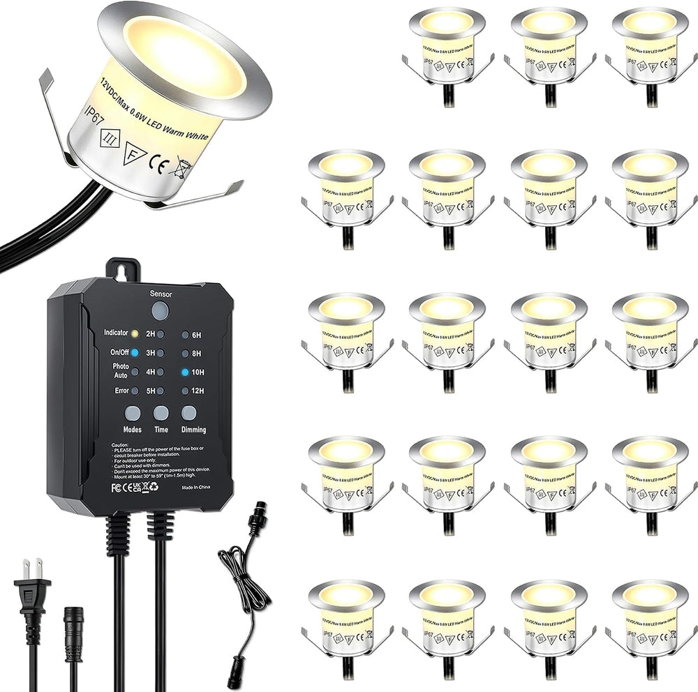 Dimmable LED Deck Lights with Timer and Photocell Sensor, 20 Pack 32mm Recess...