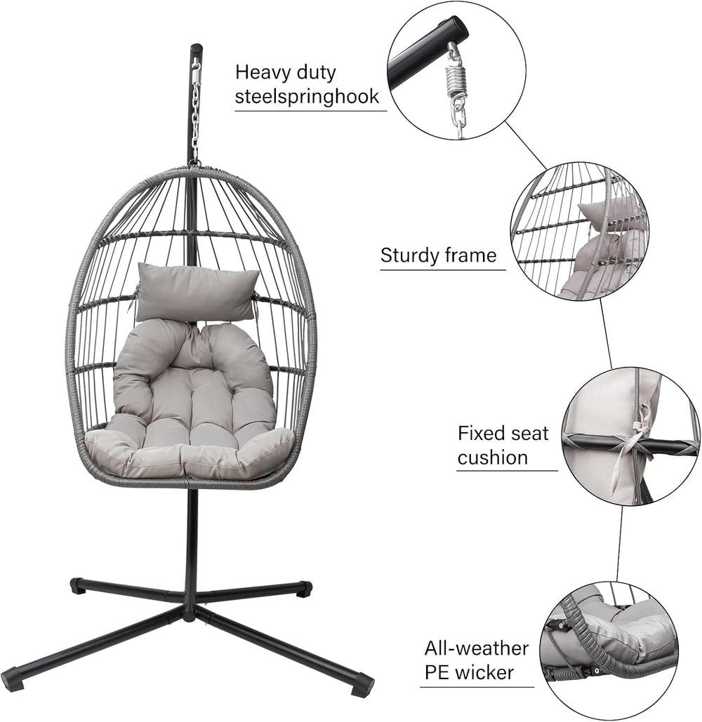 Hanging Egg Chair with Stand, Patio Wicker Hammock Egg Swing Chair with Cushi...