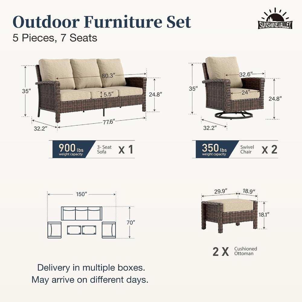 SUNSHINE VALLEY 5pcs Patio Furniture Set, Outdoor High Back Sofa, Beige