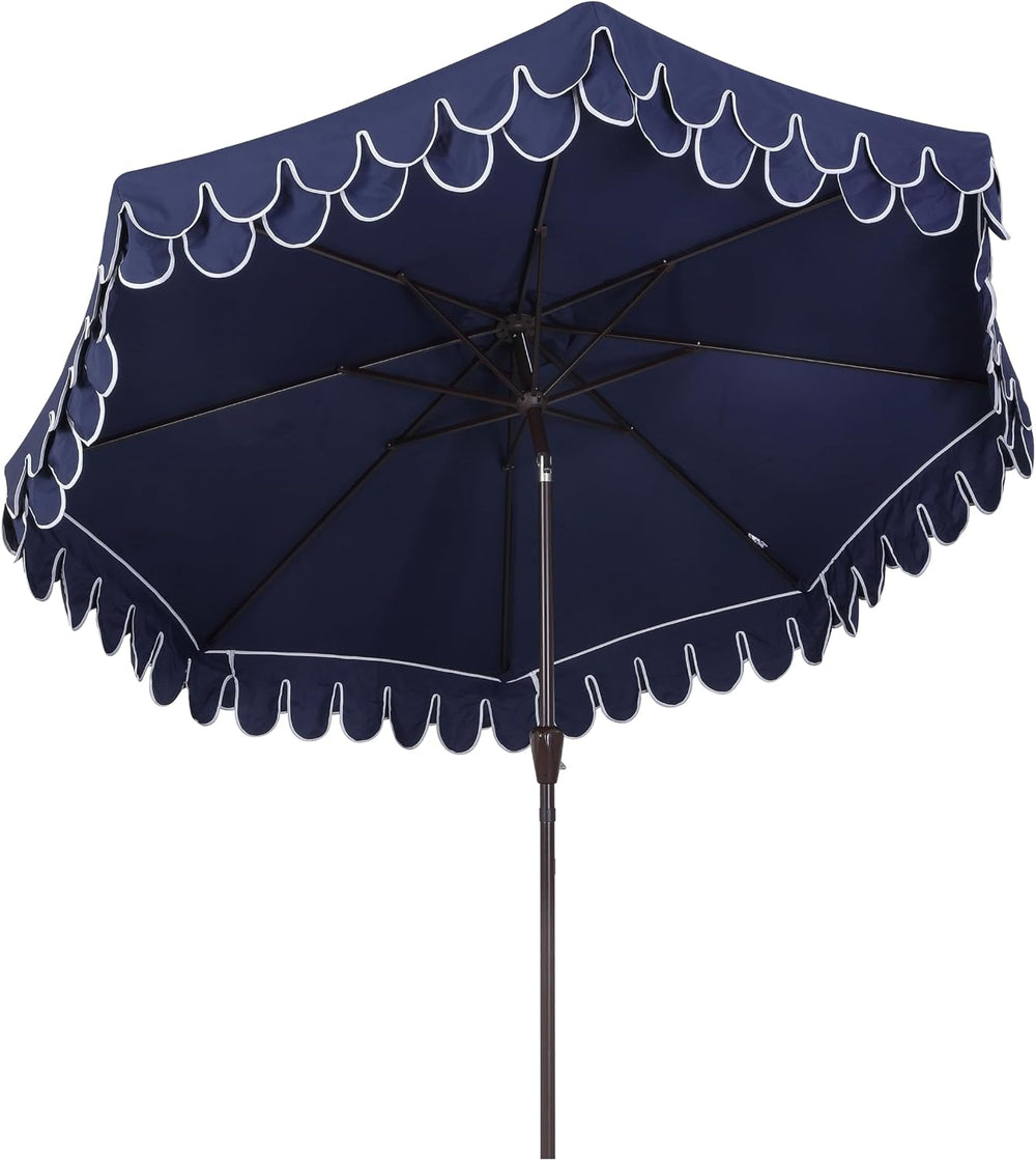 JONATHAN Y Tracy 9' Scalloped Market Patio Umbrella, Navy/Dark Brown
