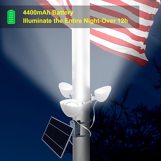 Solar Flag Pole Light, 3 Super-Spotlights LEDs, Adjustable Metal Clamps Fits ...