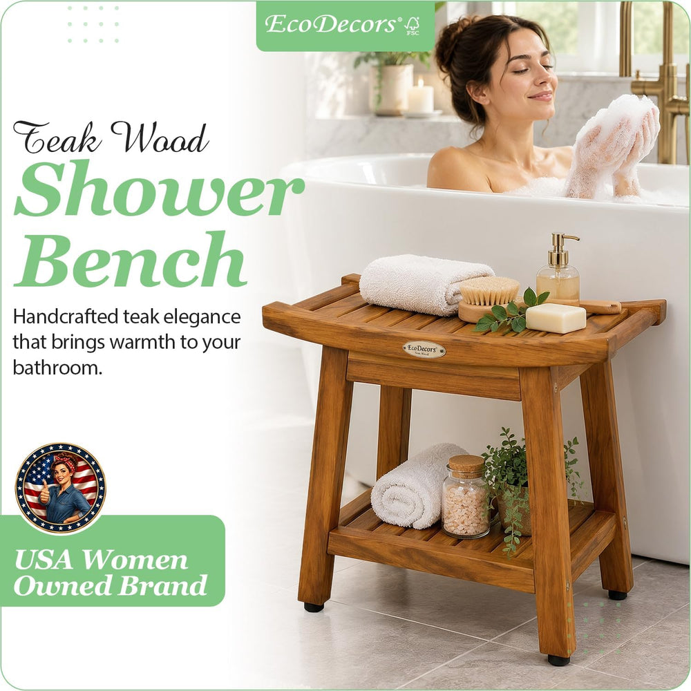 EcoDecors 18" Teak Shower Bench with Shelf & Handle Solid Teak Showe...
