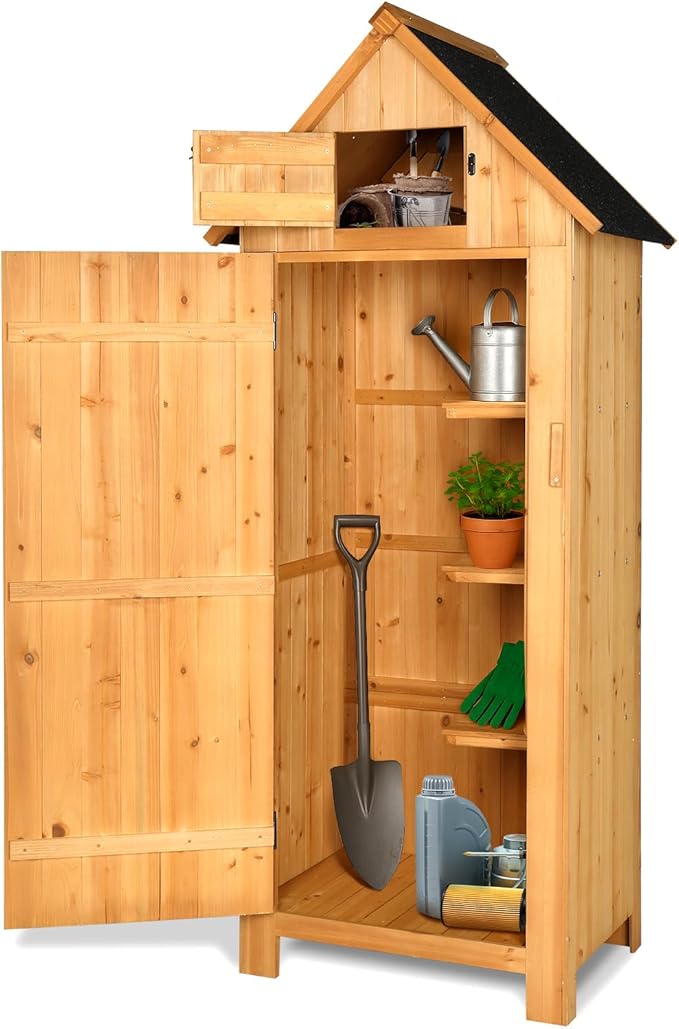 VINGLI Outdoor Wooden Storage Shed, Garden Shed Outside Tool Cabinet with Safety Latch, Patio Storage Organizer (Teak)