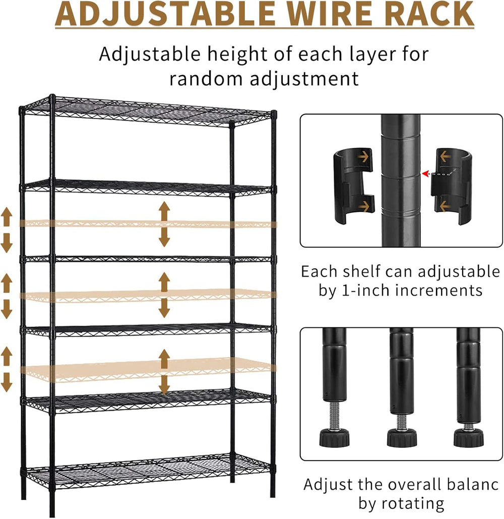 Wire Shelving Unit with Wheels, 6 Tier Adjustable Storage Shelves