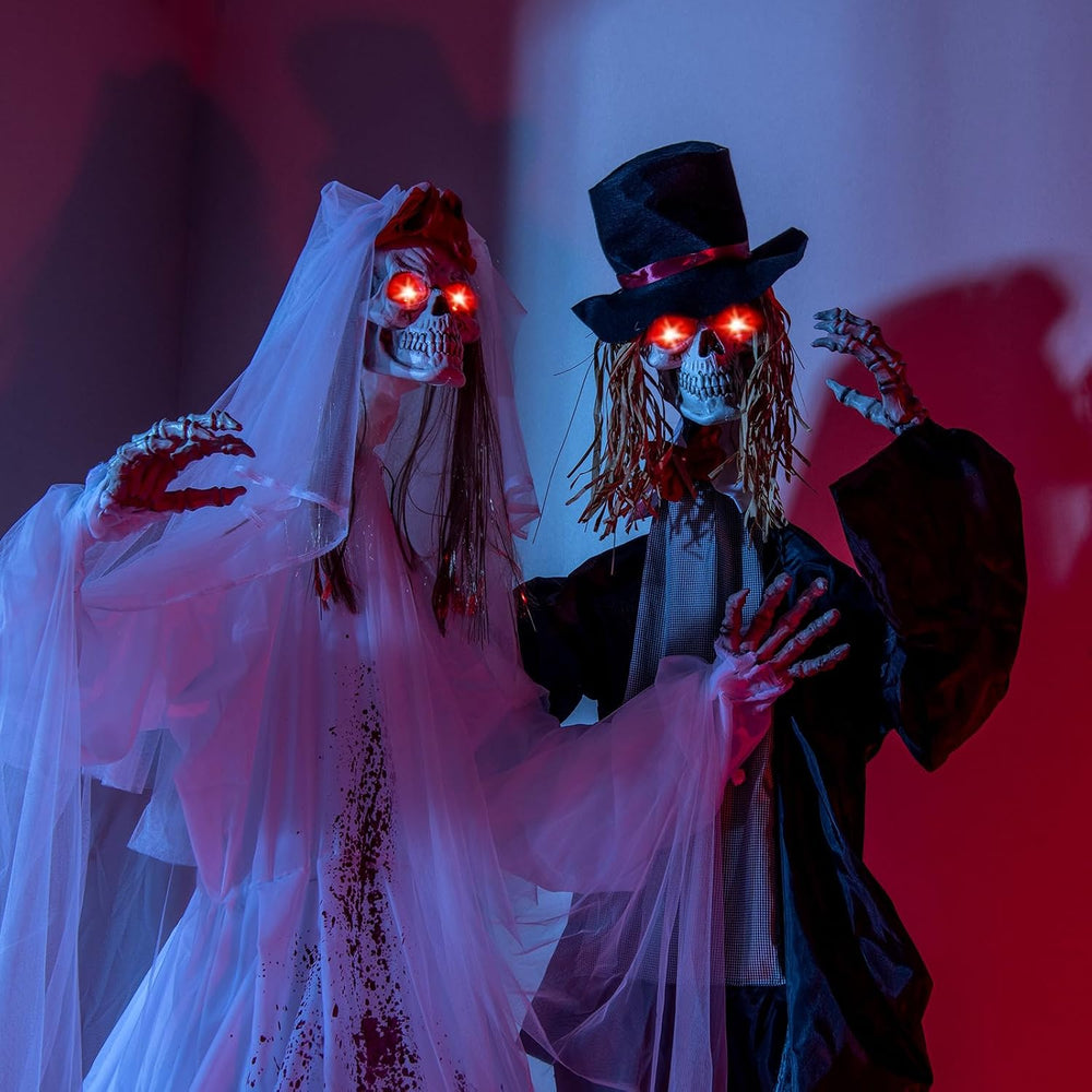 Tangkula 7.2 FT Halloween Animatronics Standing Skeleton Bride & Groom Set