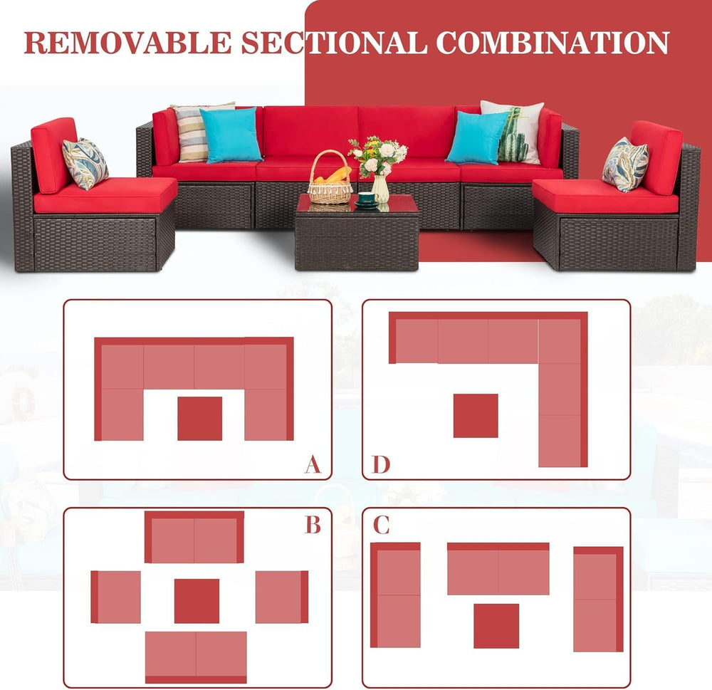 Vongrasig 7 Pieces Patio Furniture Sets, Outdoor Sectional Sofa, Red