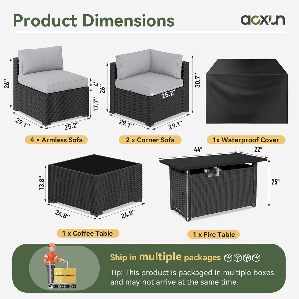 Aoxun 8 Piece Patio Furniture Set with 44” Fire Pit Table, Wicker Rattan Pati...