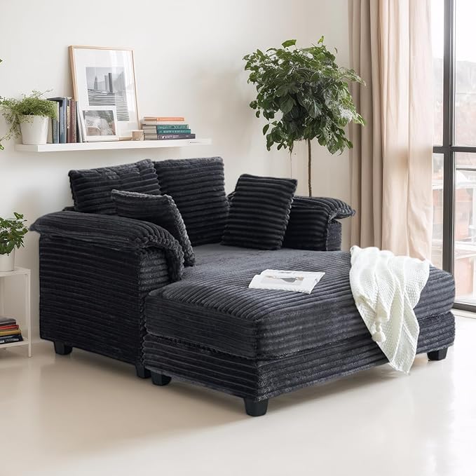 VINGLI 56" Oversized Chaise Lounge Chair, Dark Grey Comfy Corduroy Chais...