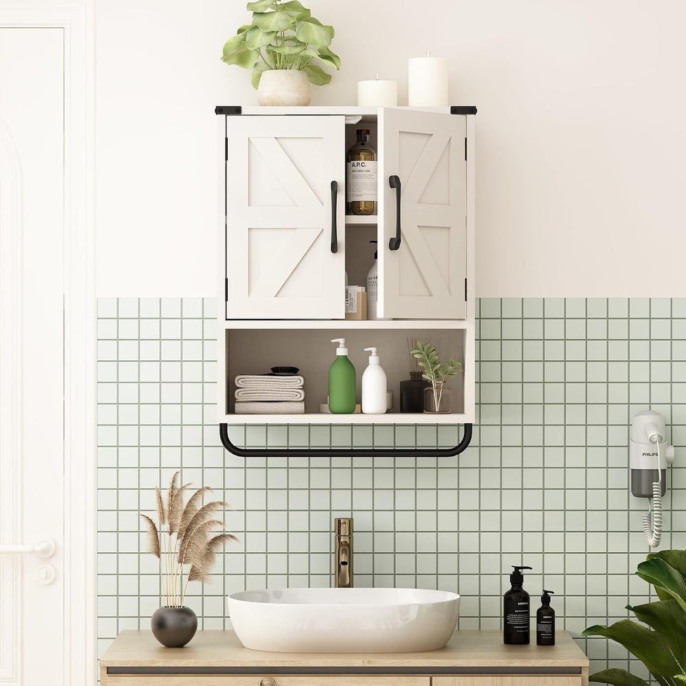 RUSTOWN Farmhouse Wall Storage Cabinet with 2 Barn Door & Towel Rack