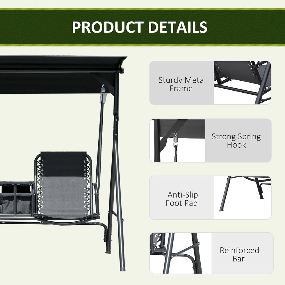 Outsunny 2-Seater Patio Swing Chair Outdoor Canopy Swing Glider, Black