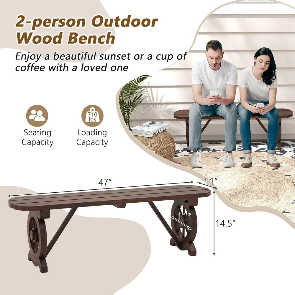 GIANTEX 2-Person Wooden Outdoor Bench with Wagon Wheel Legs, Slatted Seat, Ru...
