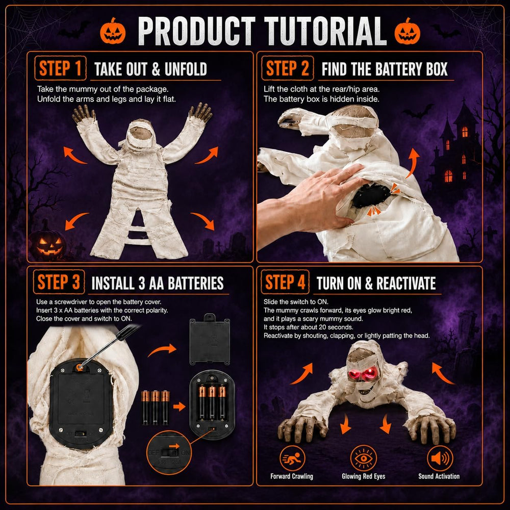 Sound Activated Crawling Mummy Halloween Decoration, Skeleton Face Prop