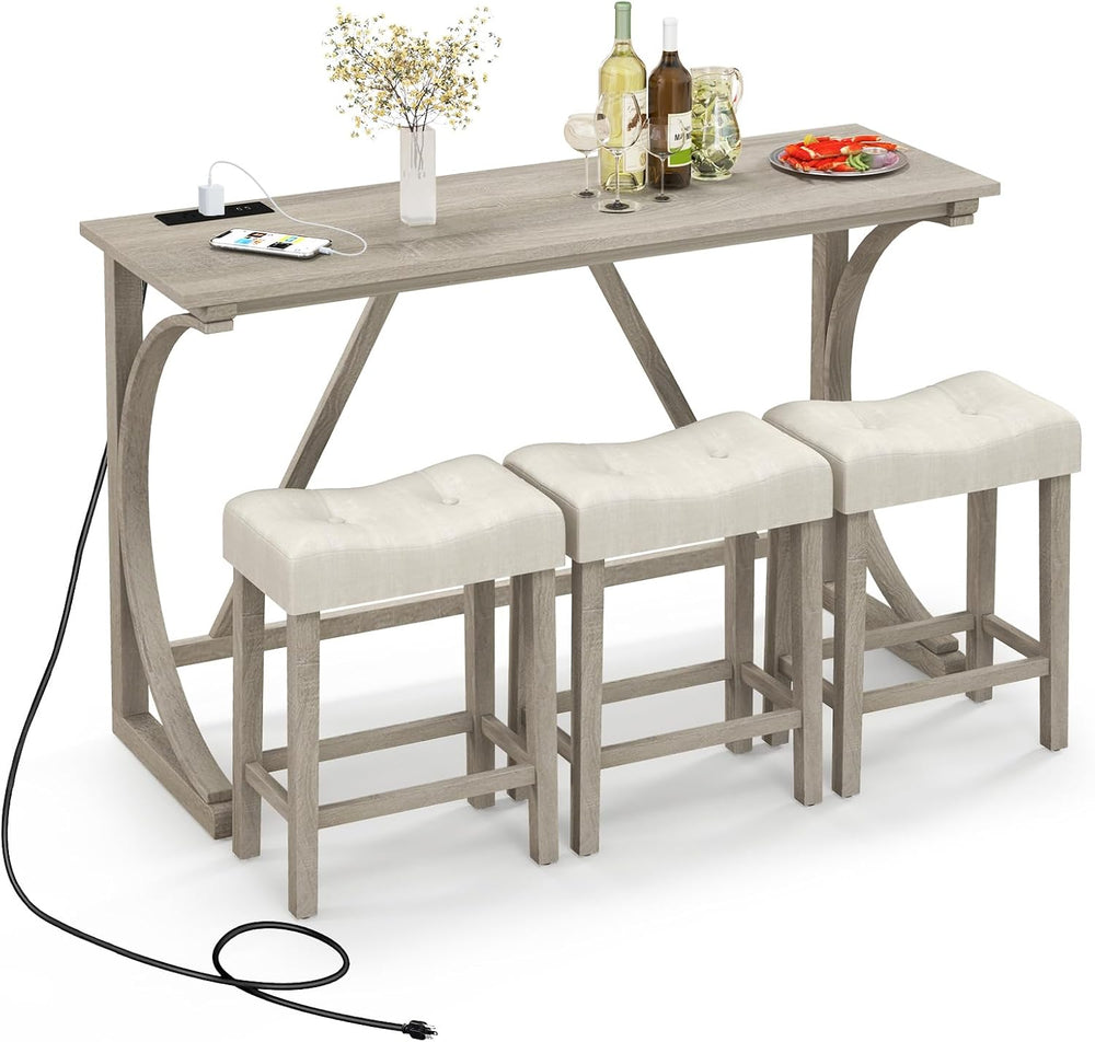 COSTWAY 4-Piece Farmhouse Bar Table Set with Power Outlet