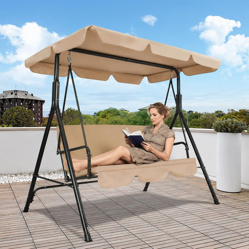 Garvee 3 Seat Outdoor Porch Swing with Adjustable Canopy, Patio Swing Chair w...