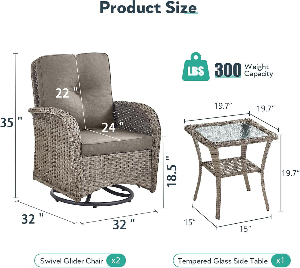 Outdoor Swivel Glider Rocker Chairs - 3 Piece Wicker Patio Furniture Set, All...