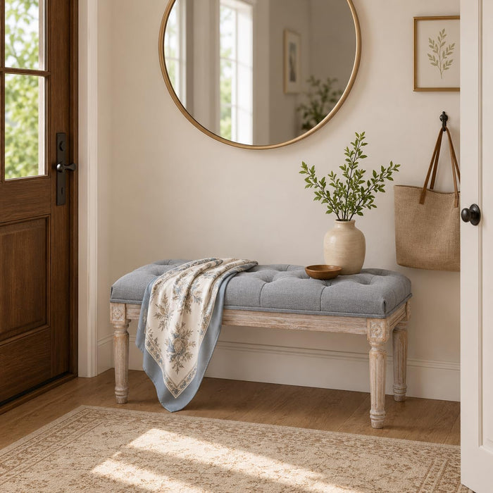 Kmax Tufted Entryway Bench, Upholstered Rustic Ottoman Bench, 31.5" x 15.75" x 15.7" Gray
