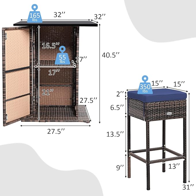 Tangkula 5 Piece Outdoor Rattan Bar Set, Patio Bar Furniture with 4 Cushions ...
