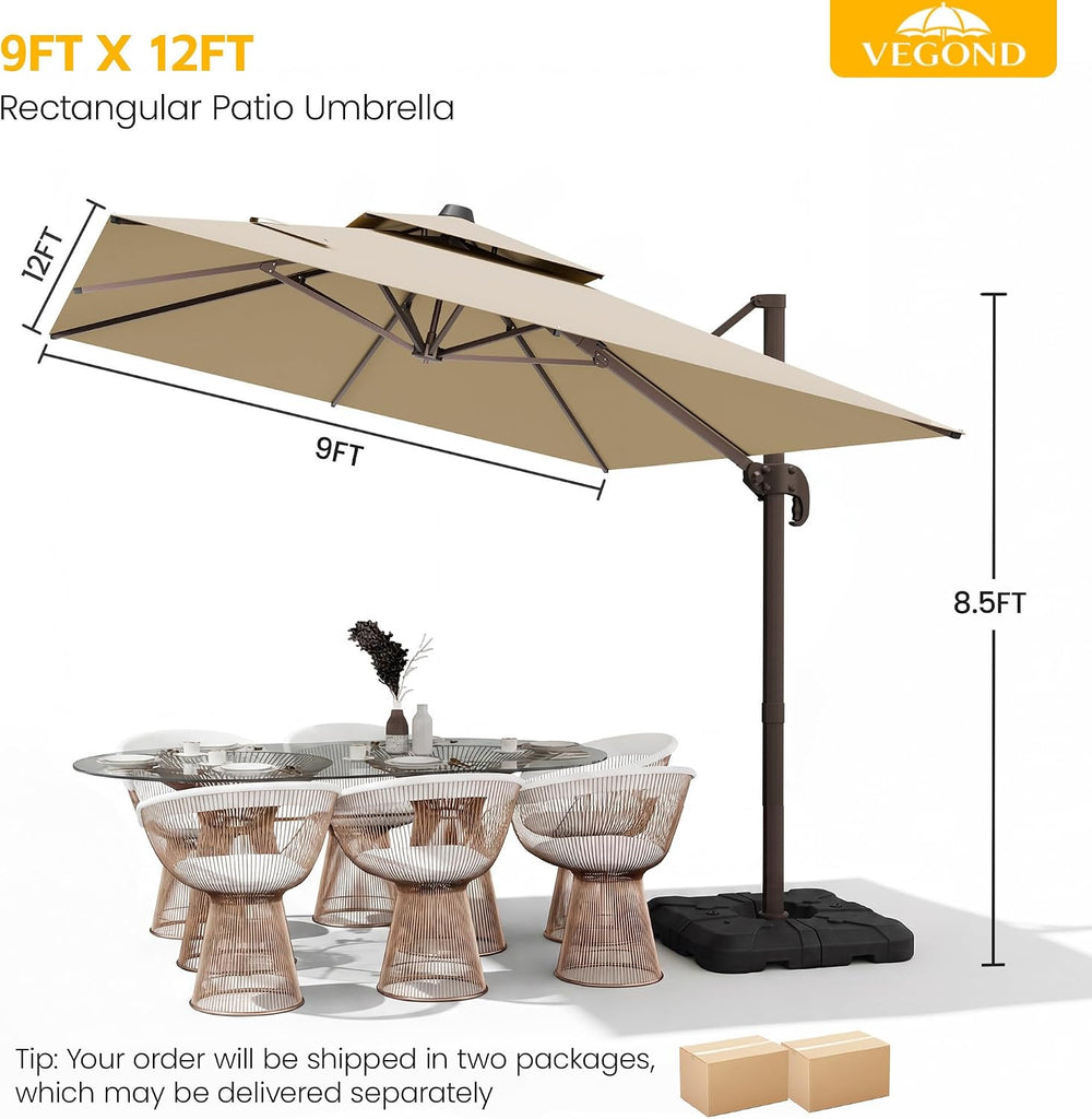 VEGOND 9x12 FT Cantilever Patio Outdoor Umbrella with Base Included