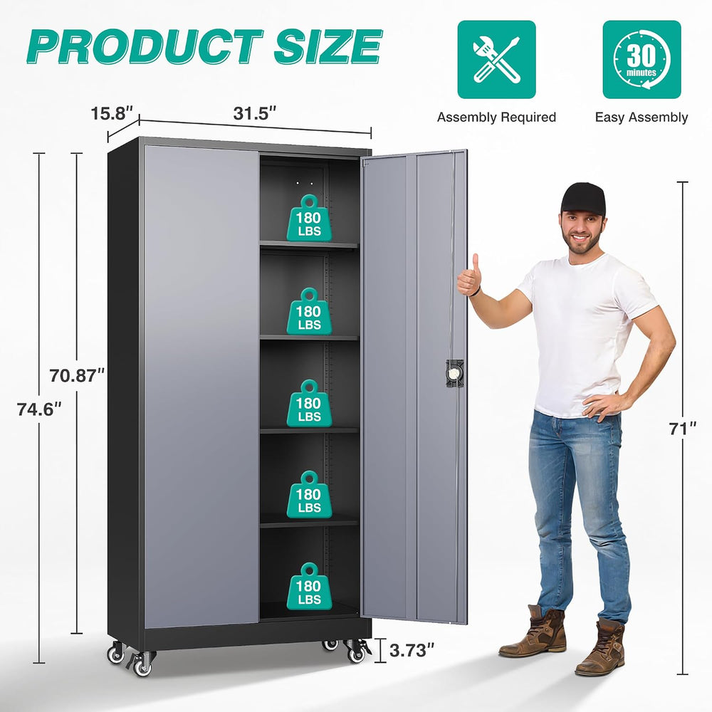 SISESOL 75" Tall Metal Storage Cabinet with Wheels,Rolling Garage Storag...