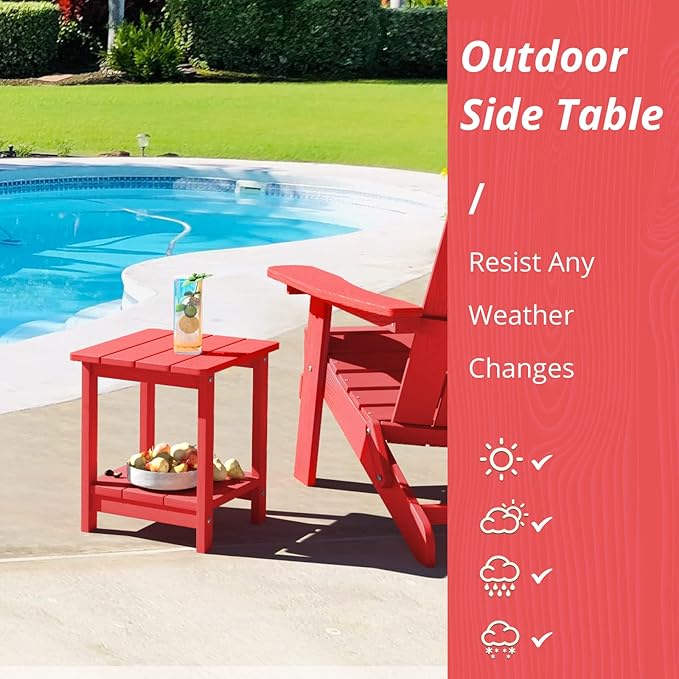 LUE BONA Adirondack Outdoor Side Table, 2-Tier Bright Red HDPS Patio End Tabl...