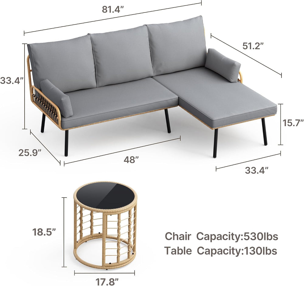 Gizoon 3-Piece Outdoor Patio Furniture Set, PE Wicker L-Shaped Sofa Grey