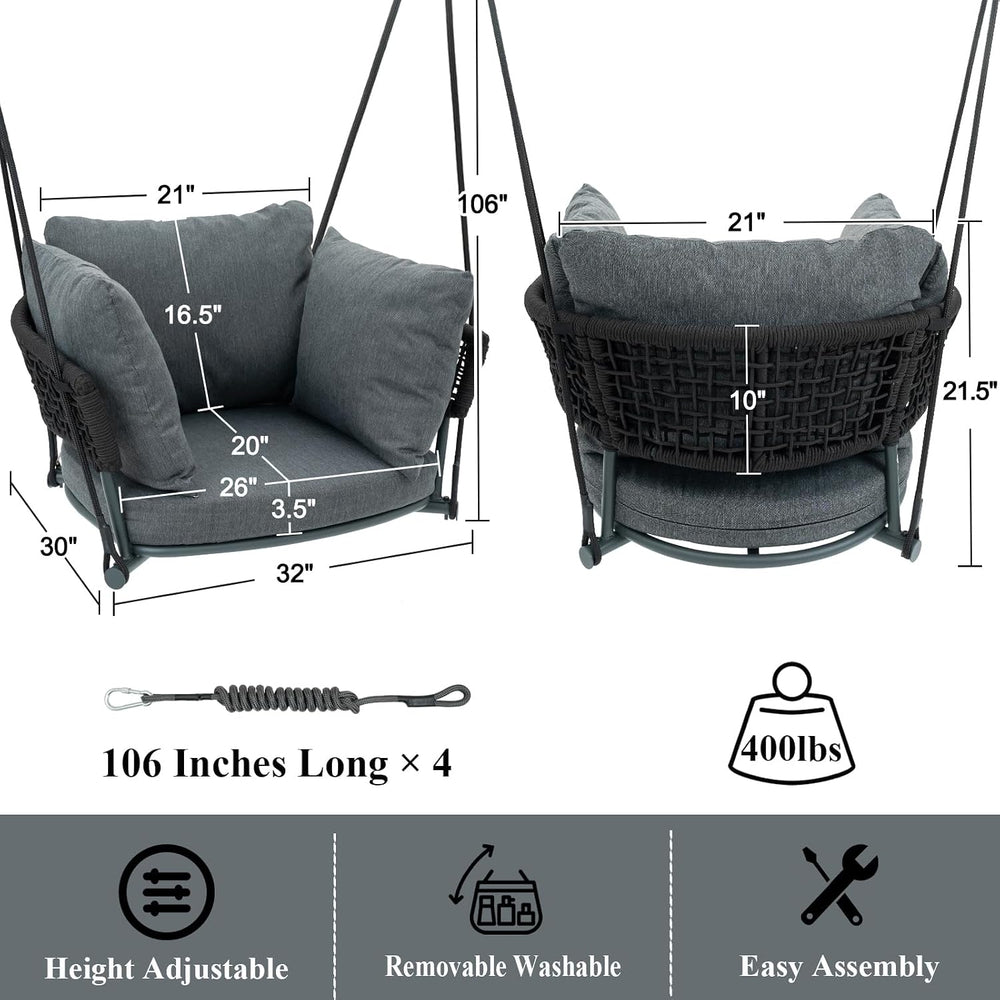 Single Porch Swings Chair with Cushions, Hanging Rope Swing, Hanging Chair fo...