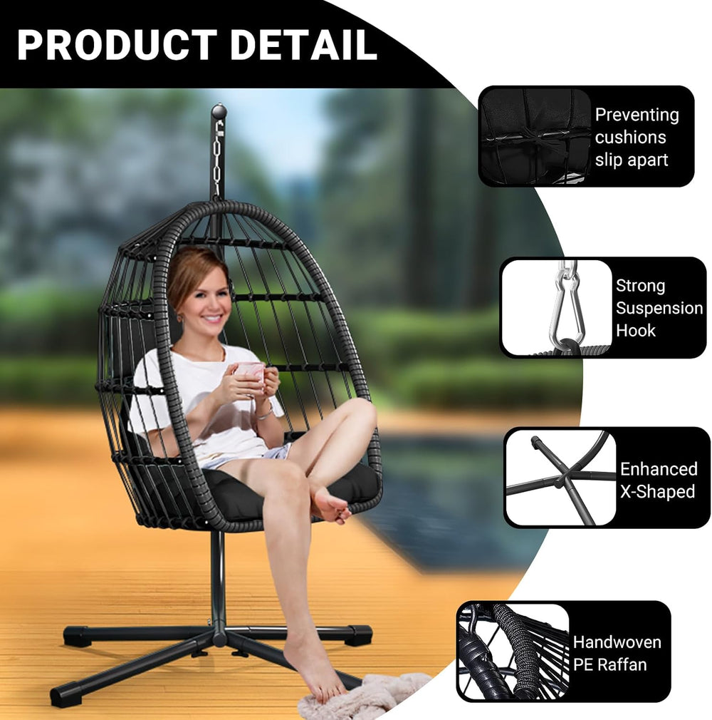 CHABATREE Egg Chair with Stand,Patio Rattan Wicker Hanging Swing Egg Chair Ha...