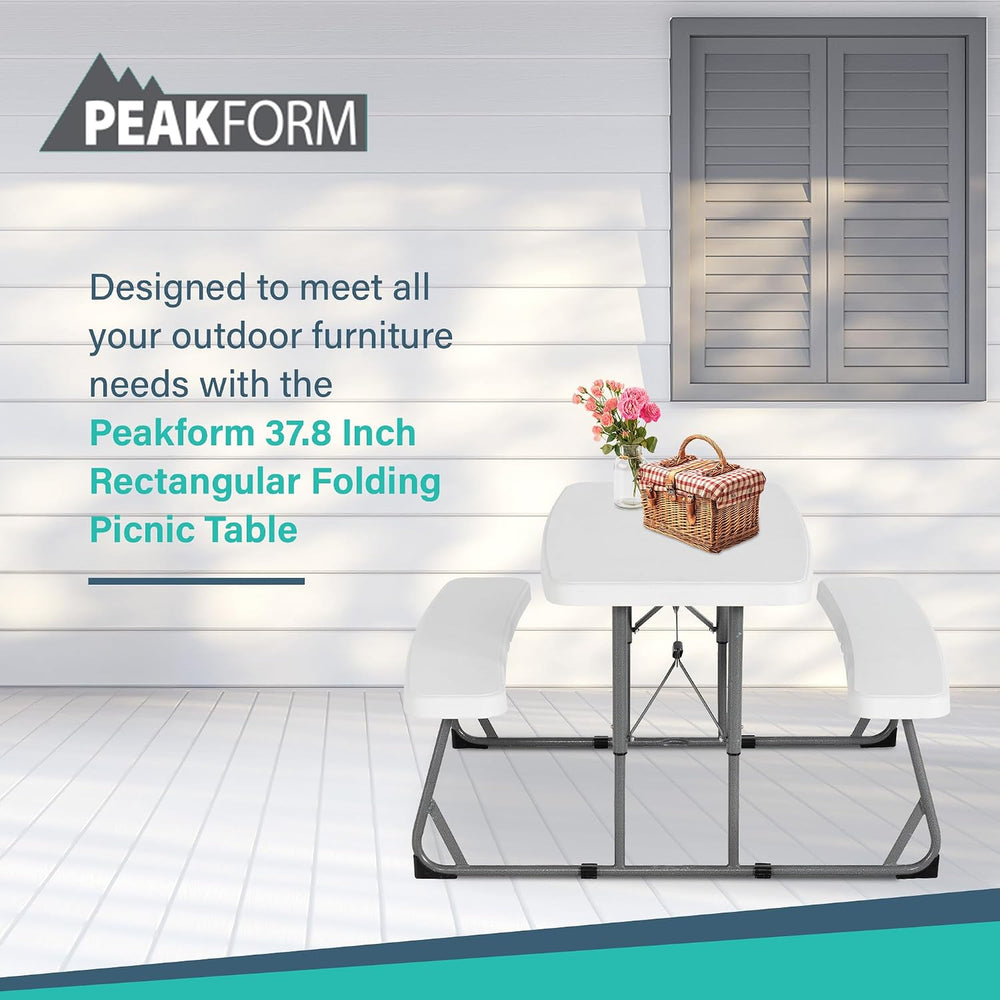 Peakform Folding Picnic Table, Rectangular, 2 Benches, 37.8 in, White