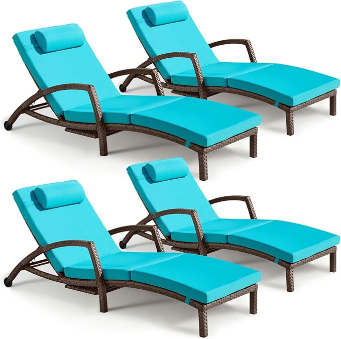 Chaise Lounge Chairs Outdoor Set of 4, Comfy Outside Wicker Patio Pool Lounge...