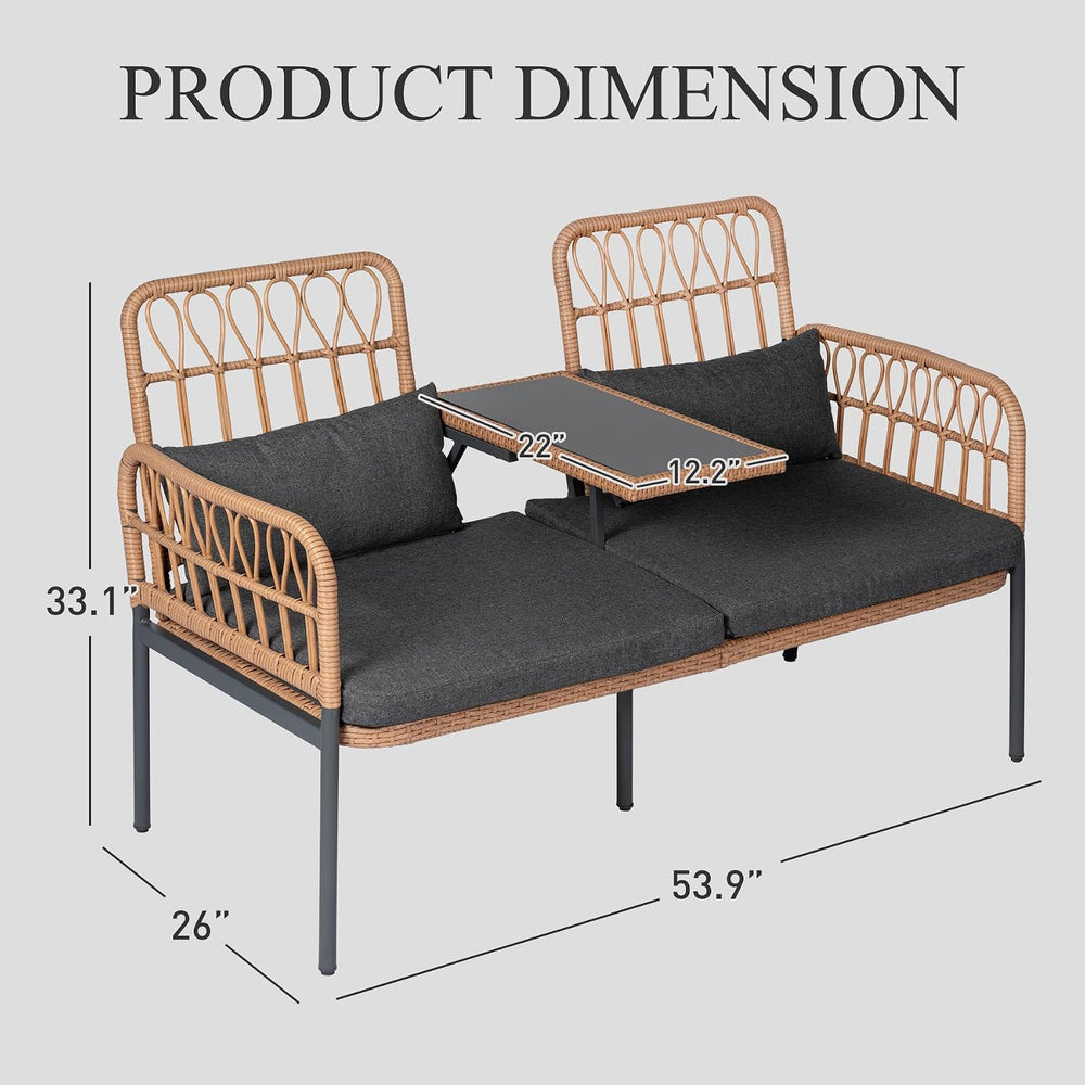 PROHIKER Patio Furniture Outdoor Rattan Loveseat 2-Seat with Built-in Table, ...