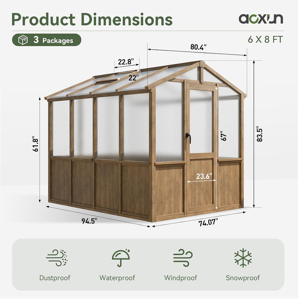 Aoxun 6x8 FT Wooden Greenhouse for Outdoors, 6MM Thick Polycarbonate Panel, W...