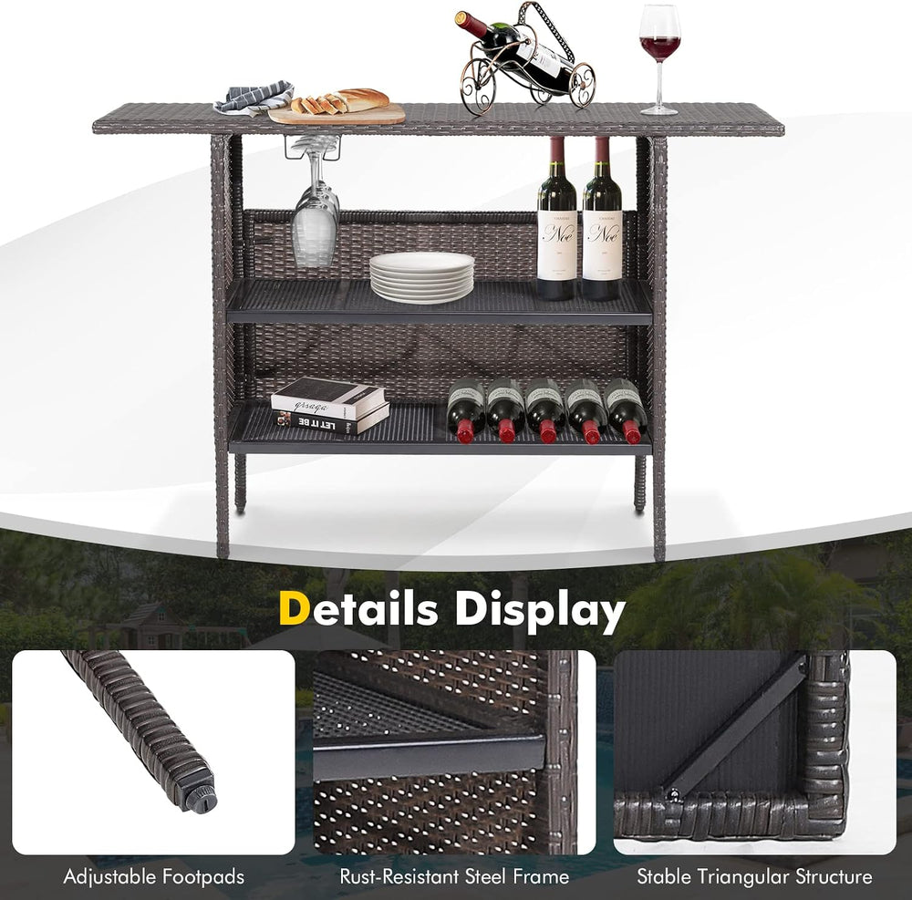 GIANTEX Outdoor Patio Wicker Bar Table, 2 Storage Shelves, 55''W Tabl...