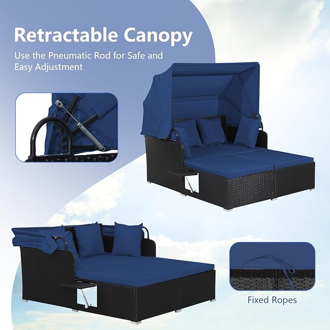 COSTWAY Outdoor Daybed with Retractable Canopy, Wicker Patio Furniture Set wi...