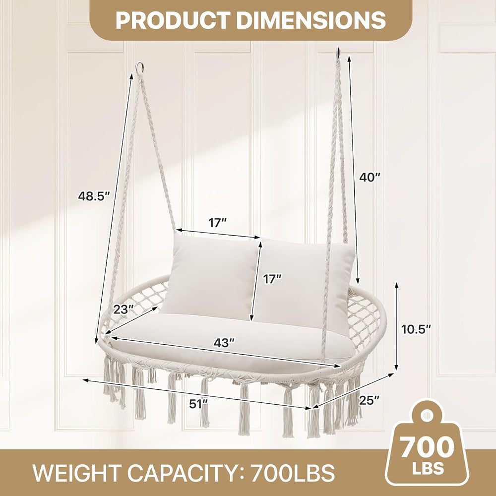 Outdoor 2 Seat Hammock Chair with 3 Cushions, Beige