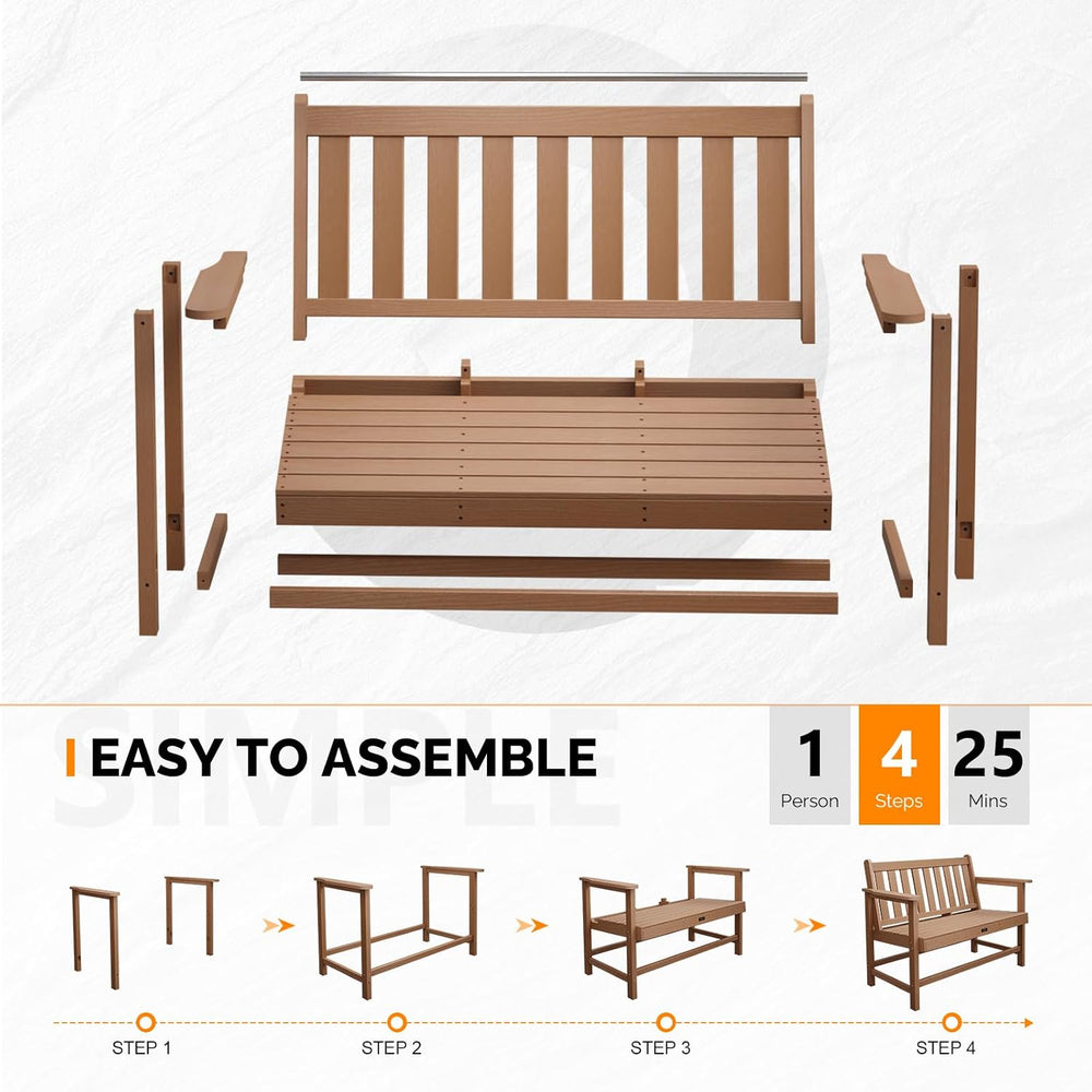 VINGLI 49in HDPE Outdoor Bench with Backrest and Armrests, 2-Person Weatherpr...
