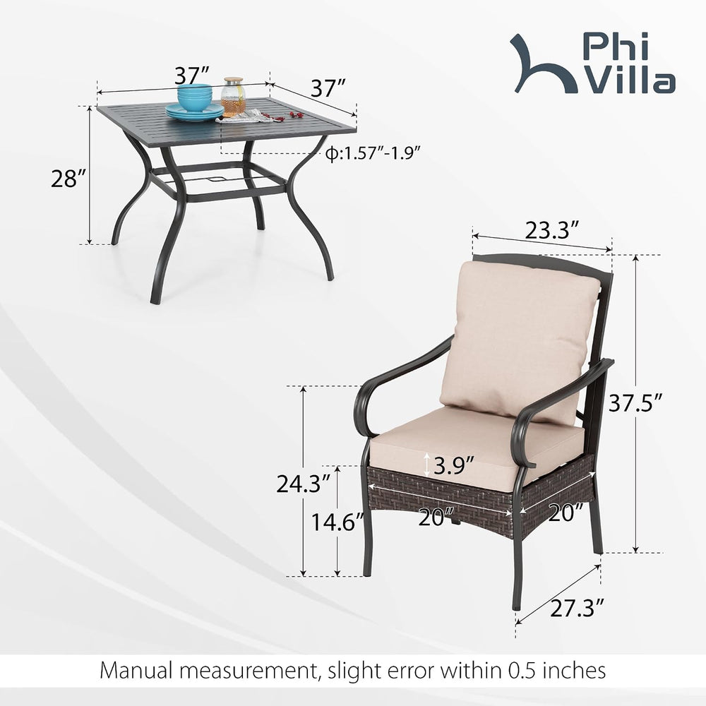 PHI VILLA 5 Piece Patio Dining Set, Square Table, Wicker Chairs