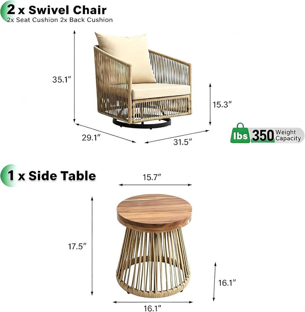 3 Pieces Outdoor Swivel Chairs Wicker Patio Bistro Set with Coffee Table