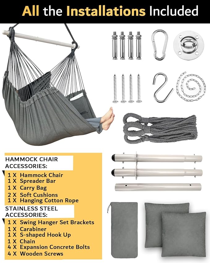 XXL Hammock Chair Hanging Rope Swing with 2 Cushions - Max 500lbs-Perfect for...