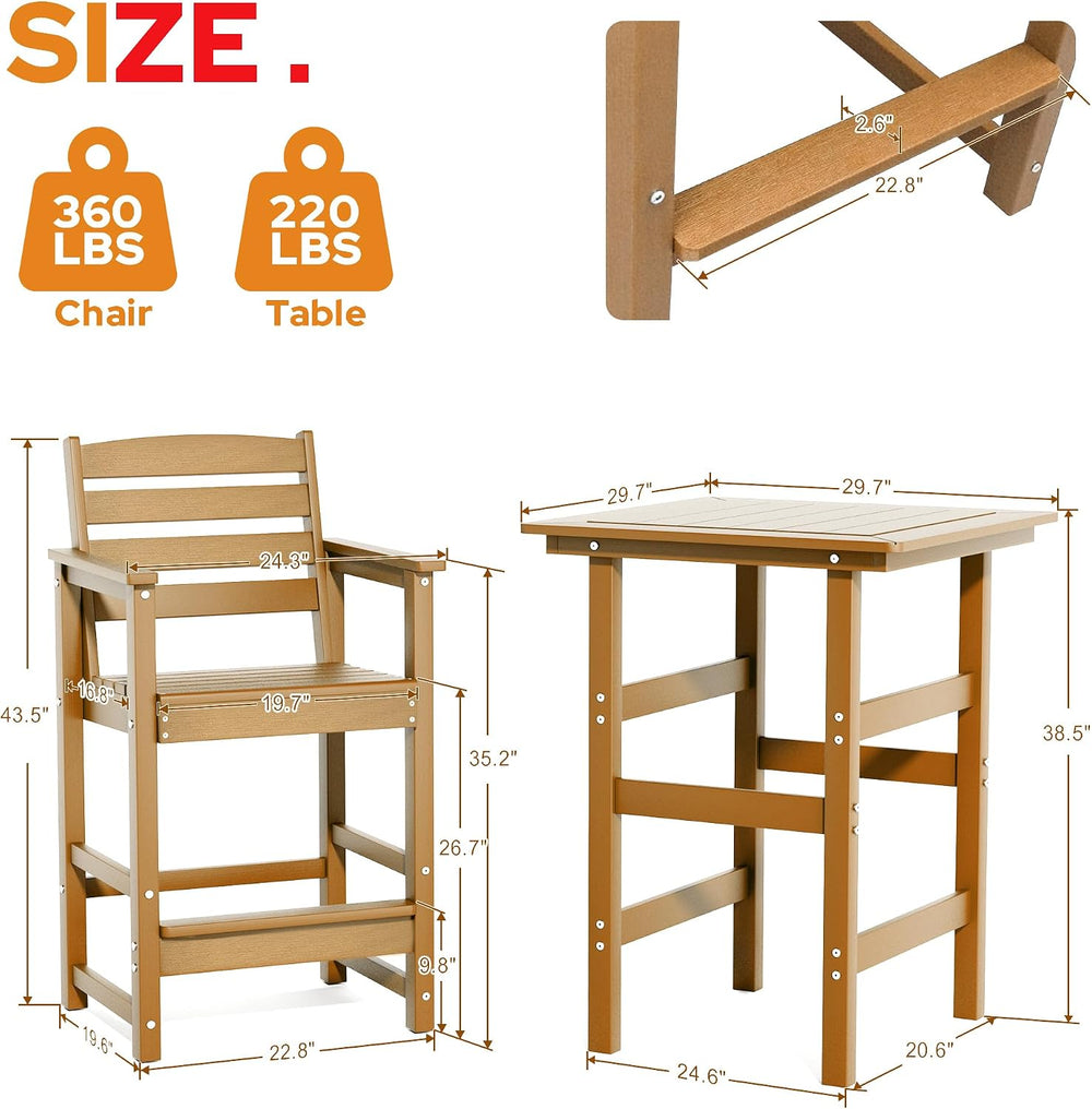 3-Piece Outdoor Bistro Bar Set, HDPE Bar Height Table & Chairs, Teak