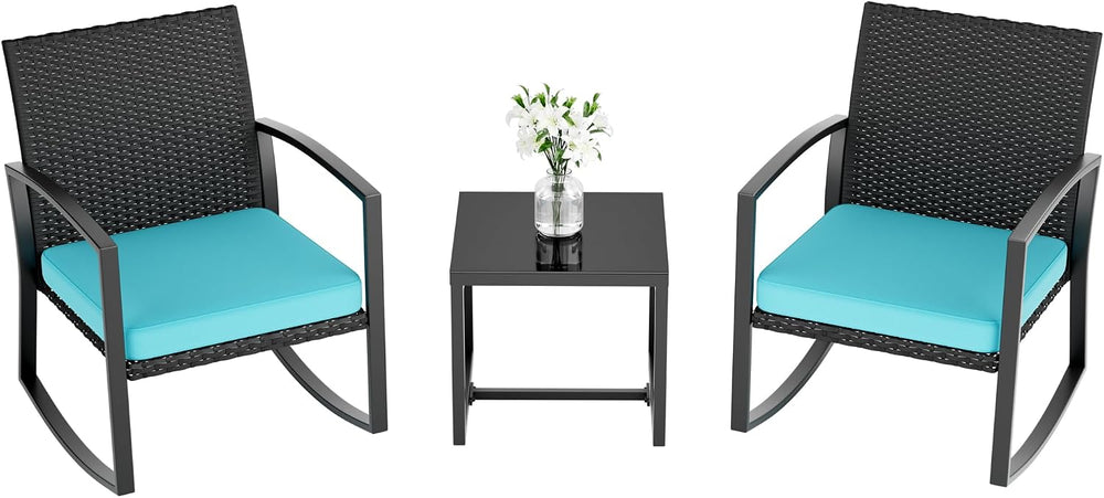 3 Pieces Outdoor Patio Set -Wicker Rattan Chair Conversation Set with Glass T...