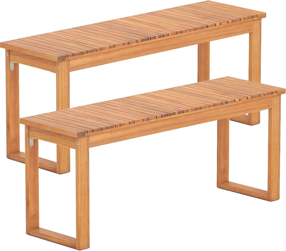 Tangkula Acacia Wood Outdoor Bench Backless Set of 2, 2-Person Wood Patio Ben...