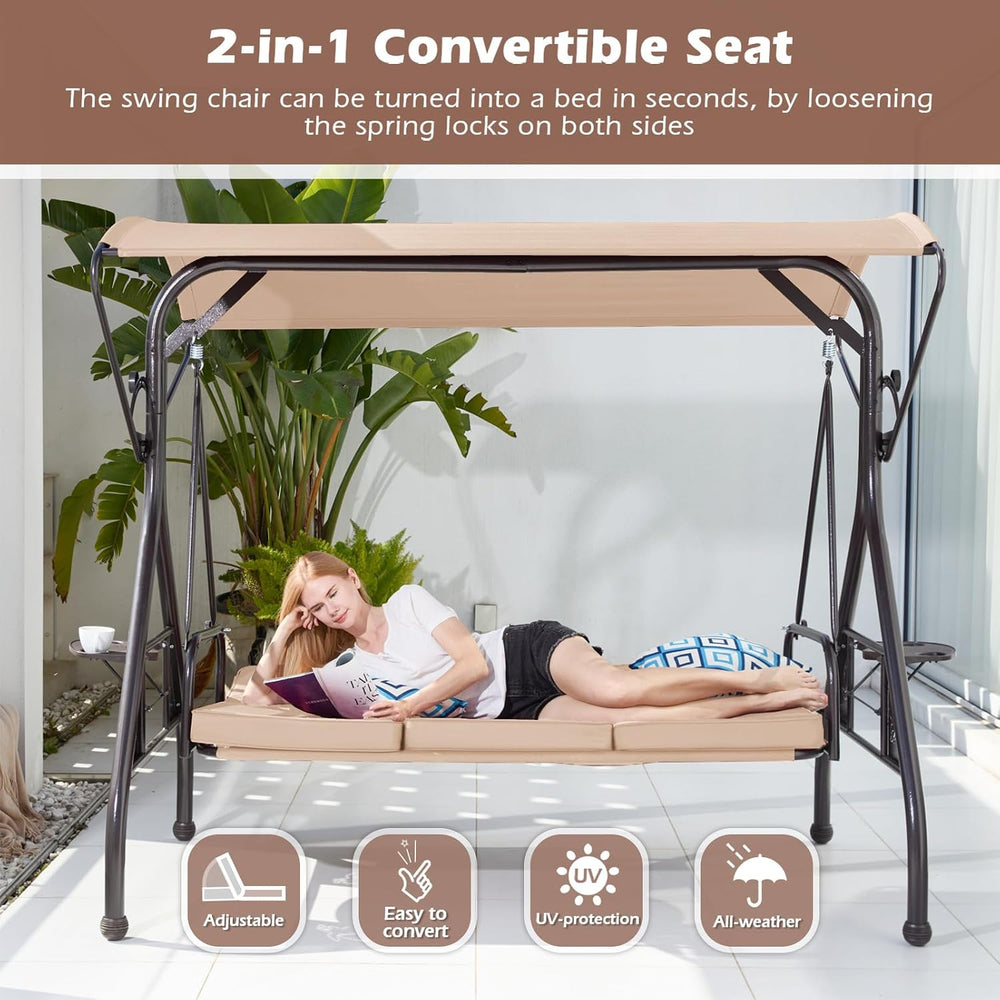ZZW 800LBS Patio Swing with Canopy 3 Seat Outdoor Porch Swing with Stand w/Cu...