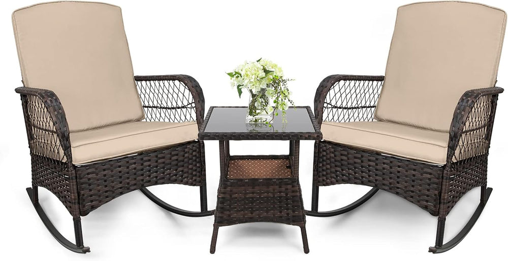 LEVELEVE 3 pcs Rocking Bistro Set Conversation Chairs PE Wicker Outdoor Rocki...